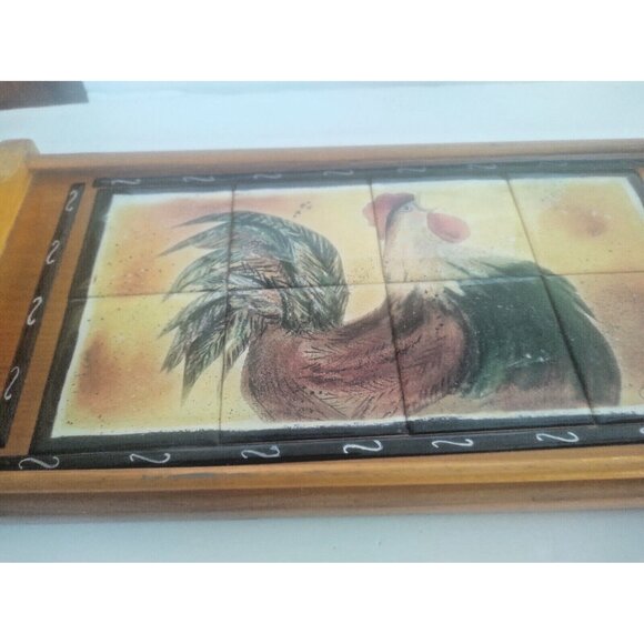 Vintage Handled Wooden Tray with Ceramic Tile Inlaid Rooster Artist Signed - Picture 13 of 13